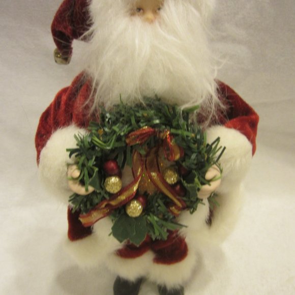VTG SANTA ORNAMENT, LARGE, DRESSED IN RED W/FAUX FUR TRIM HOLDING A WREATH - Picture 2 of 6